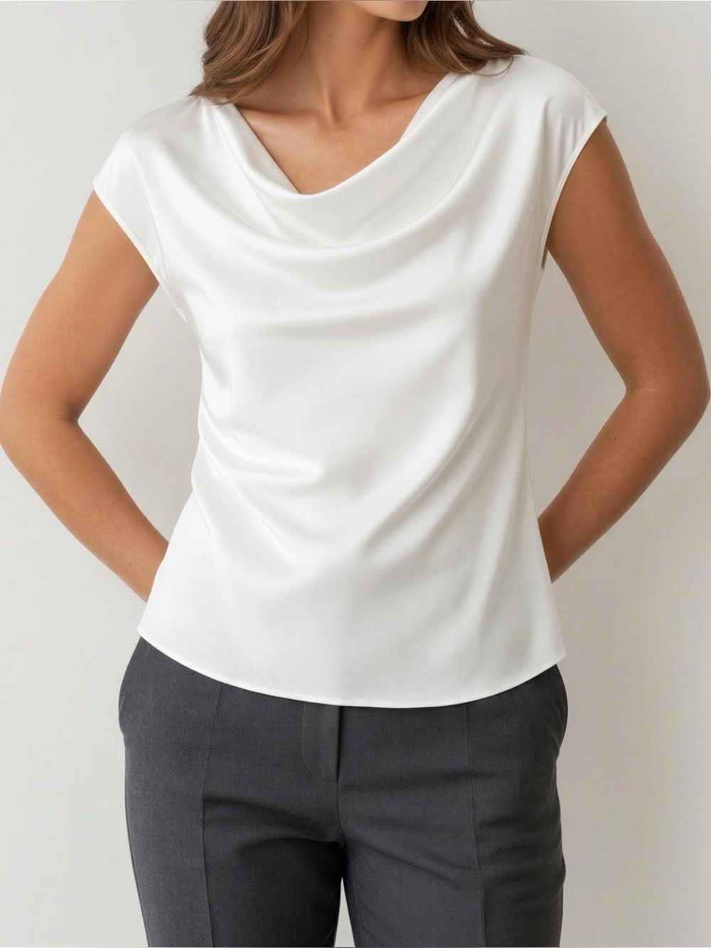 LILYSILK Silk Charmeuse Cowl Neck Top, Natural White, 12 (US)